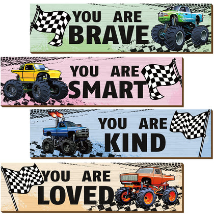 Geetery 4 Pcs Truck Bedroom Wall Decor Boys Cartoon Racing Car Room Decor for Kids Inspirational Wooden Hanging Wall Sign Motivational Quote Car Wall Decor for Boys Kids Nursery Playroom Kindergarten