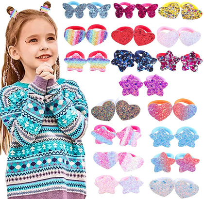 Suyegirls 36 PCS Glitter Hair Ties for Kids Girls Bow Hair Tie for Toddlers Kids Fun Hair Ties Butterfly Rainbow Heart Ponytail Holder for Infant Girls Kids Seamless Sparkle Cotton Glitter Hair Ties for Toddler Children