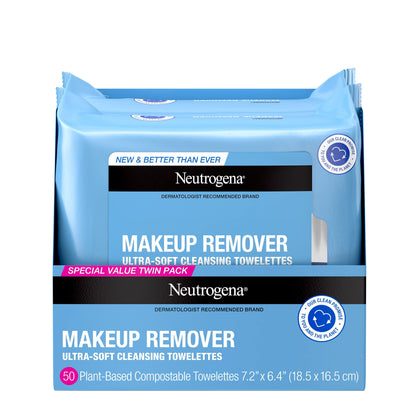 Neutrogena Makeup Remover Cleansing Face Wipes, Daily Cleansing Facial Towelettes to Remove Waterproof Makeup and Mascara, Alcohol-Free, Value Twin Pack, 25 count, 2 Pack