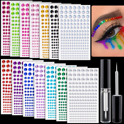 2758 Pcs of Rhinestone Stickers 3/4/5/6/8mm with 14 Colors Self Adhesive Face Gems, Stick on Body Crystal Jewels with Quick Dry Makeup Glue for Face Eye Hair Nails Make up and Craft DIY Decorations