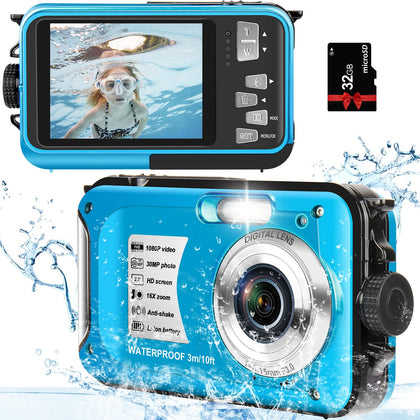 Underwater Camera with 32GB Card 10FT 30MP FHD 1080P Waterproof Camera Compact 16X Digital Zoom Waterproof Digital Camera for Snorkeling, Blue