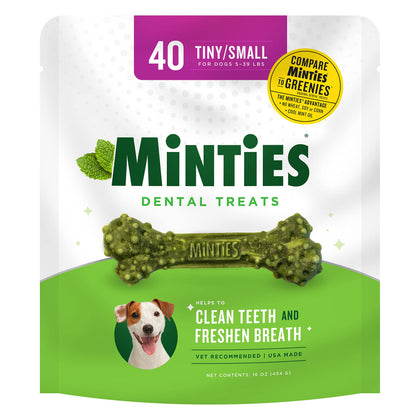 Minties Dental Chews for Dogs, 40 Count, Vet-Recommended Mint-Flavored Dental Treats for Tiny/Small Dogs 5-39 lbs, Dental Bones Clean Teeth, Fight Bad Breath, and Removes Plaque and Tartar