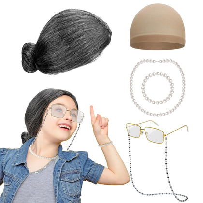 Huskein Old Lady Costume for Kids, 100 Days of School Cosplay Black White Bun Wig Glasses Wig Cap Pearl Necklace Bracelet Accessories