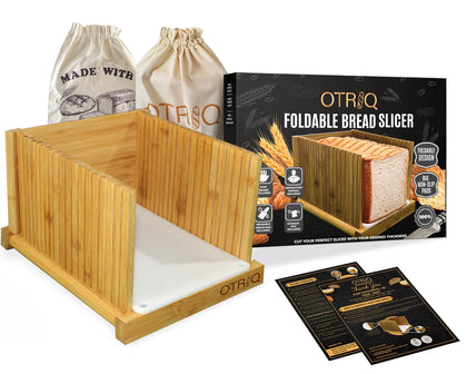 OTRIQ Bread Slicer for Homemade Bread - With Bread Slicer Storage Bags and Reusable Bread Bags. 4 sliced bread thickness options (1/4, 1/2, 3/8, 3/4 inches). Foldable Bamboo and Compact Design.