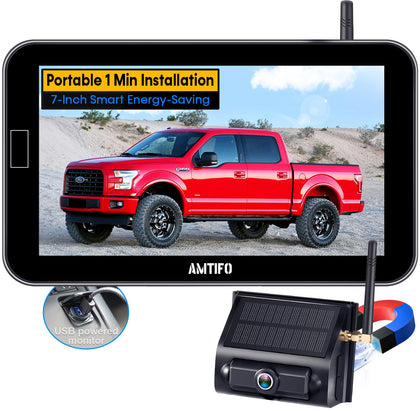 Magnetic Backup Camera Wireless Solar: Portable Auto Energy-Saving 7'' Zoom Truck Hitch Trailer Rear View Camera with Monitor Rechargeable Scratch-Proof Reverse Camera for Car RV AMTIFO A24