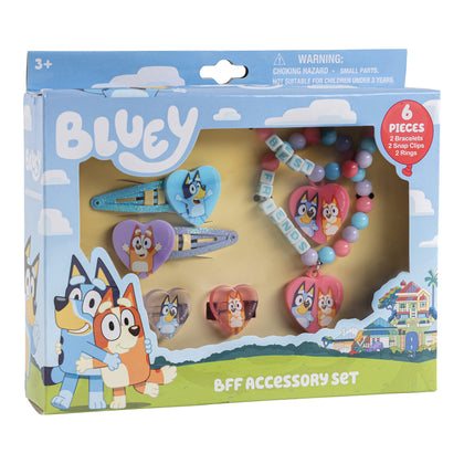 Luv Her Bluey Girls BFF 6 Piece Toy Jewelry Box Set with 2 Rings, 2 Bead Bracelets and Snap Hair Clips Ages 3+