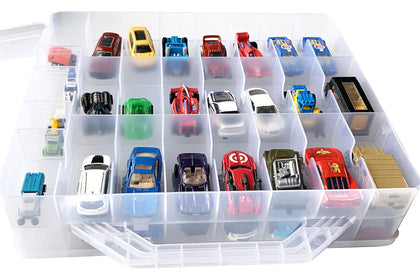 HOME4 Double Sided BPA Free Toy Storage Container - Compatible with Mini Toys Brands, Small Dolls Hot Wheels Tools Crafts - Toy Organizer Carrying Case - 48 Compartments - Cars Not Included (Clear)