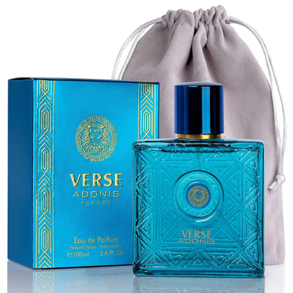 NovoGlow Verse Adonis for Men 3.4 Fl. Oz. 100ml Men's Perfume Carrying Pouch Refreshing Combination of Woody Floral & Fruity Scents - Masculine Scent Lasts All Day A Gift for Any Occasion
