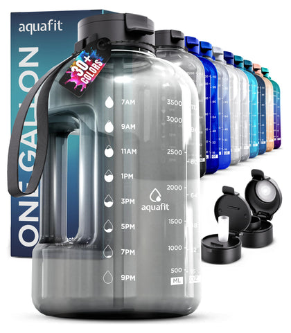 AQUAFIT 1 Gallon Water Bottle With Time Marker - 128 oz Water Bottle With Straw - Gym Water Bottle With Strap, Big Water Bottle with Handle, Reusable Water Bottles With Straw Bike Water Bottles