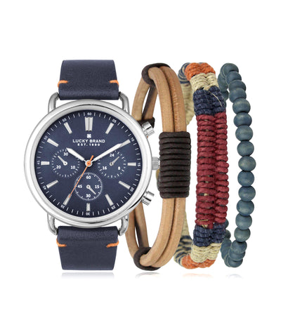 Lucky Brand Mens Watches Fashion Sleek Quartz Analog Leather Strap Minimalist Watches for Men Slim Watch Decorative Sub-Dial Bracelet Gift Box Set