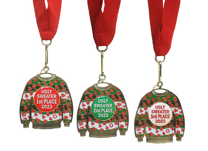 Etch Workz Ugly Christmas Sweater Medal Award Bundle - 1st 2nd and 3rd Place Medals for Ugliest Sweater Contest Includes Neck Ribbon May Also Be Used as Christmas Tree Ornament