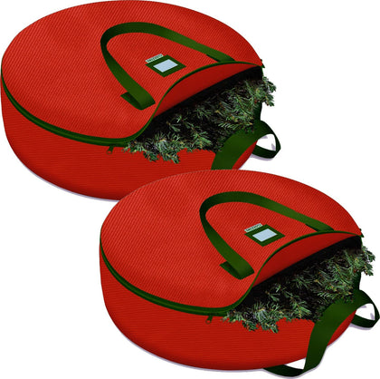 CLOZZERS 2 Pack Christmas Wreath and Garland Bag with Durable Zippered Closure and Sturdy Handles, for Wreaths up to 30 Inches, Heavy Duty, Tear Proof and Water Resistant, Red