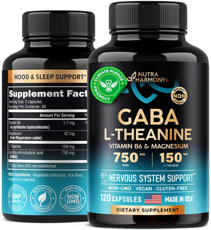 GABA Supplements 900 mg | L-Theanine | Magnesium | Vitamin B6 - Natural Calm | Sleep | Relaxation | Stress Relief Support - Made in USA - 750 mg Gamma AminoButyric Acid - 120 Natural Vegan Capsules