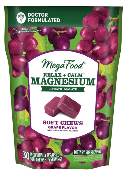 MegaFood Relax + Calm Magnesium Supplement - Soft Chews with Magnesium Citrate & Magnesium Malate for Heart Health, Muscle Tension & More - Vegetarian - Grape-Flavor - 30 Chews (15 Servings)