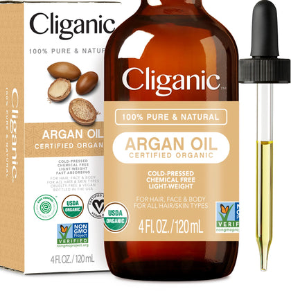 Cliganic USDA Organic Argan Oil, 100% Pure | for Hair, Face & Skin | Natural Cold Pressed Carrier Oil, Imported from Morocco