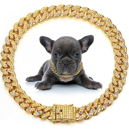 LEIFIDE Dog Chain Collar Diamond Link Dog Collar 12 mm Wide Dog Necklace Metal Cat Chain Pet Crystal Collar Jewelry Accessories for Small Medium Large Dogs Cats (Gold, AB Color, 8 Inch)