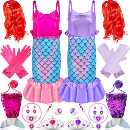 2 Set Little Girls Princess Mermaid Costume with Red Wig Crown Gloves Wand Jewelry Accessories for Halloween Dress Up Party(5-6 Years)