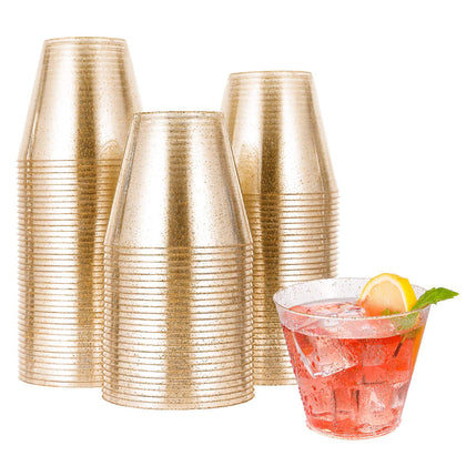 JOLLY CHEF 100 Pack 9 oz Gold Plastic Cups, Disposable Gold Glitter Plastic Cups, Clear Plastic Tumblers, Perfect for Wedding Thanksgiving, Christmas Party Cups