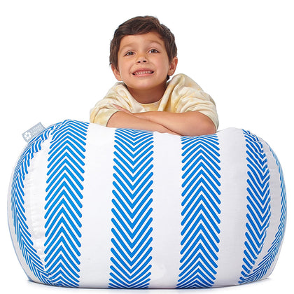 5 STARS UNITED Stuffed Animal Storage Bean Bag - Toy Storage Organizer and Bean Bag Chair for Kids Holds up to 90+ Plush Toys - Cotton Canvas Bags Cover for Boys and Girls Ages 4-11, Blue Stripes