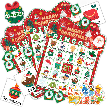 39Pcs Christmas Bingo Game for Kids Toddlers Adults, 24 Players Bingo Cards Christmas Games with 40Pcs Reward Stickers for Classroom Activities Family Party Favors Xmas Gifts Holiday Supplies
