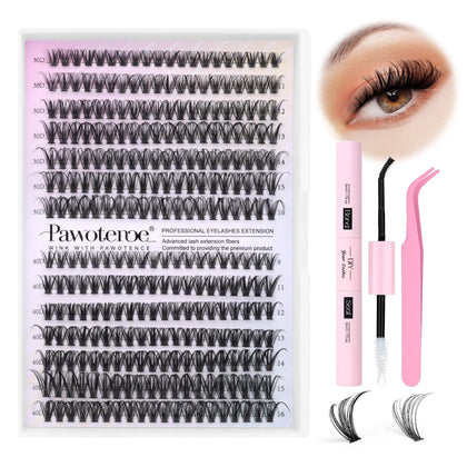 DIY Eyelash Extension Kit 280pcs Individual Lashes Cluster D Curl, 9-16mm Mix Lash Clusters with Lash Bond and Seal and Lash Applicator Tool for Self Application at Home (30D+40D-0.07D-9-16MIX KIT)