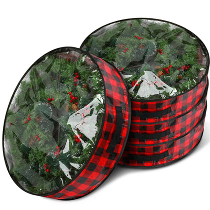 Kingdder 4 Pieces Christmas Wreath Storage Bags Garland Holiday Containers with Clear Window Buffalo Plaid Wreath Box Zippered Bag with Handles for Xmas Holiday Storage (Black and Red,30 Inch)
