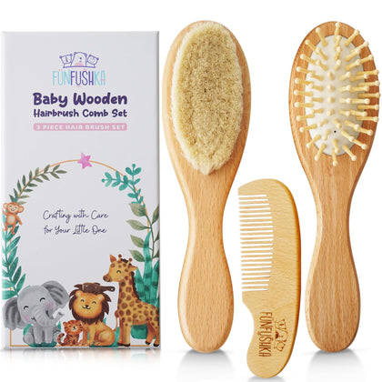 Funfushka Baby Wooden Hair Brush and Comb Set for Newborn Toddler - Natural HairBrush with Soft Goat Bristle for Girl and Boy, Perfect for Cradle Cap