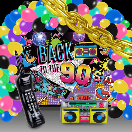 AOKE 90s Party Decorations 90s Birthdays Theme Party Decorations Includes Back to 90s Backdrop Inflatable Radio Boombox Mobile Phone Gold Chain Balloon for Birthday Disco Hip Hop Party Decorations