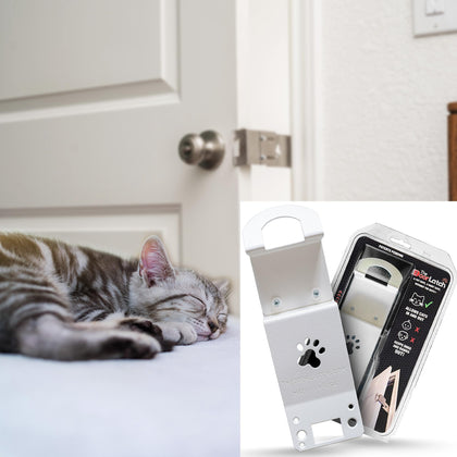 TheDoorLatch Steel Cat Door Strap and Latch, Sturdy Door Holder for Keeping Dogs and Kids Out of Rooms, Litter Boxes, and Food, White Powder Coated Cat Door Latch, 3.5 to 4.5 Inches Opening