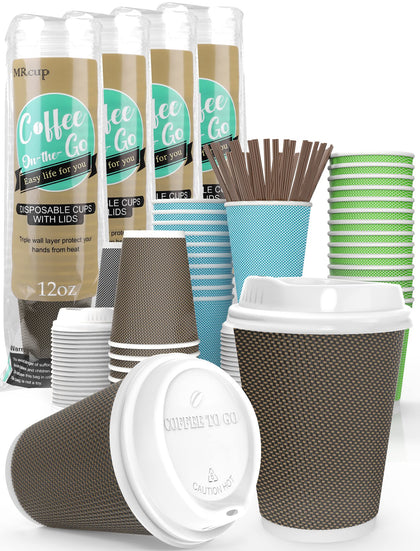 MRcup 12 oz Hot Beverage Coffee Cups with Lids and Straws, Insulated Triple Wall Leak/Heat free Disposable Anti-slip Togo Reusable Paper Cups, Brown [40 Packs]
