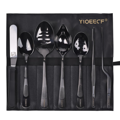 Yioeecf Chef Plating Tools Culinary Set, Plating Tools Tweezers Scoop Set, Professional Chef Stainless Steel Plating Set, 8-Piece Black,Leather Bag