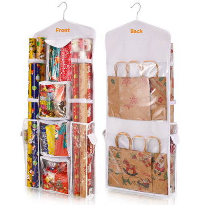 Freeote Hanging Gift Wrap Storage Organizer, 40x16 Inch Wrapping Paper Storage Hanging Gift Bag Organizer Station with Multiple Pockets, White