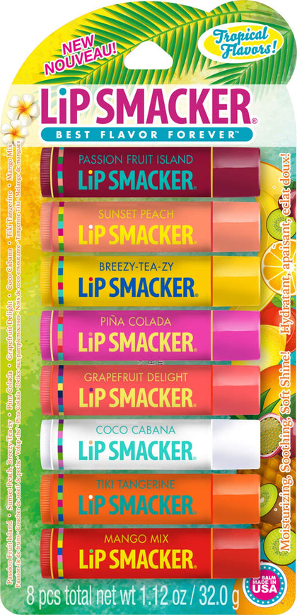 Lip Smacker Flavored Lip Balm Tropic Fever Pack of 8, Passion Fruit, Peach, Breezey-Teazey, Pina Colada, Grapefruit, Coca Cabana, Tangerine, Mango, Clear, 1.12 Ounce (Pack of 8)