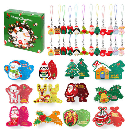 FUCNEN Christmas Themed Keychains/Hanging Charm Pendants with Exchange Gift Cards for Boys Girls Kids Party Favors 24Days Countdown Calendar Resin Toy DIY Necklace Bracelet Making Craft Accessories