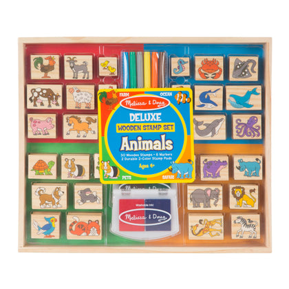 Melissa & Doug Deluxe Wooden Stamp Set: Animals - 30 Stamps, 6 Markers, 2 Stamp Pads - Kids Art Projects, With Washable Ink, Wooden Animal Stamps For Ages 4+