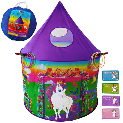 Playz Unicorn Toys Kids Play Tent for Girls with Unicorn Ring Toss, Candy Board Game, & Tic Tac Toe - Indoor & Outdoor Pop up Playhouse Set for Kids Birthday Party Favors & Gifts for Baby and Toddlers