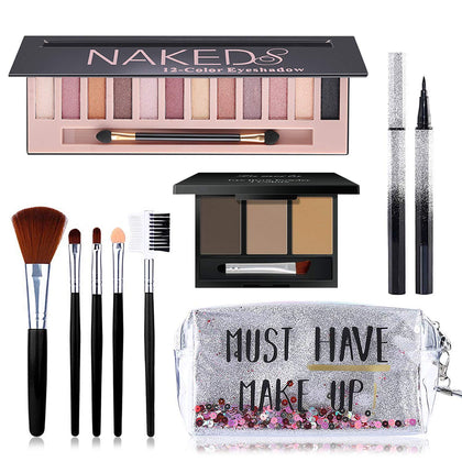 All in One Makeup Kit, Includes 12 Colors Naked Eyeshadow Palette, 5Pcs Makeup Brushes, Waterproof Eyeliner Pencils, Eyebrow Powder and Quicksand Cosmetic Bag, Gift Set for Women, Girls & Teens