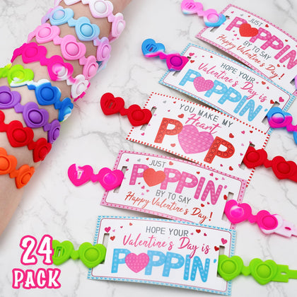 Valentines Day Gifts for Kids - 24 Pack Valentines Cards with Heart POP Bracelets - Sensory Fidget Toys Valentine for School Classroom Gift Exchange Party Favors Supplies for Toddlers Girls Boys