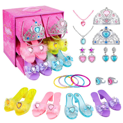Teuevayl Girls Princess Dress Up Shoes and Jewelry Boutique, Princess Role Play Shoes Collection Set with 4 Pairs of Shoes & Princess Jewelry Accessories for Little Girl Aged 3,4,5,6 Years Old