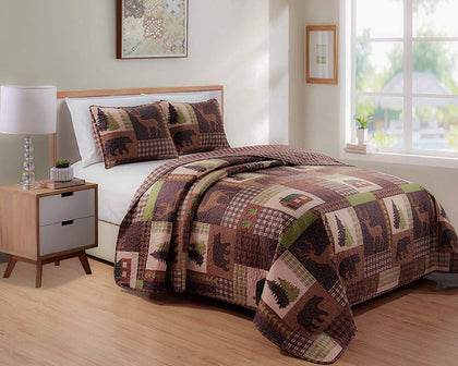 Rustic Western Lodge Quilted Plaid Reversible Bedspread Set with Wildlife Imagery of Grizzly Bear Elk Buck and Pine Trees in Dark Brown - Alpine Trail (Full / Queen)