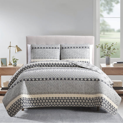 DREAMCLOUD HOME Bohemian Quilt Set Full Queen Size 3 Piece, Nadia Striped Pattern Printed Bedding Coverlet Set, Lightweight Soft Reversible Bedspread Sets for All Season (1 Quilt & 2 Pillow Shams)