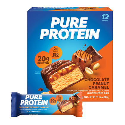 Pure Protein Bars, High Protein, Nutritious Snacks to Support Energy, Low Sugar, Gluten Free, Chocolate Peanut Caramel, 1.76oz, 12 Pack (Packaging May Vary)