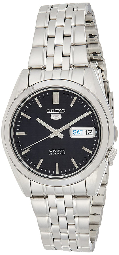 SEIKO SNK357 Automatic Watch for Men 5-7S Collection - Striking Black Dial with Day/Date Calendar, Luminous Hands, Stainless Steel Case & Bracelet
