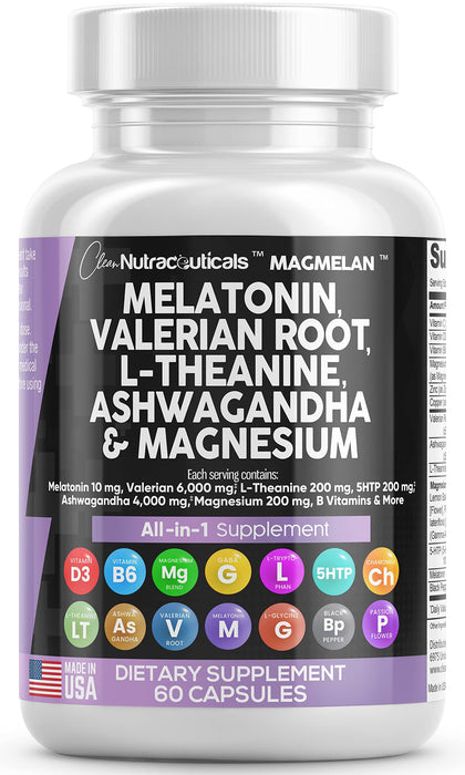 Melatonin 10mg Valerian Root 6000mg L Theanine 200mg Ashwagandha 4000mg - Sleep Support for Women and Men with Magnesium Complex, Lemon Balm, Chamomile, and Passion Flower - Made in USA 60 Caps