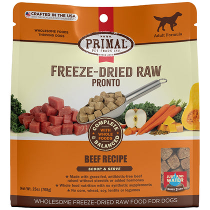 Primal Freeze Dried Dog Food Pronto Beef, Complete & Balanced Scoop & Serve Healthy Grain Free Raw Dog Food, Crafted in The USA (25 oz)