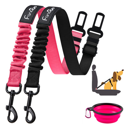 Fancigo 3 Pcs Set Adjustable Dog Seat Belt. Car Travel Accessories for Puppy/Dog/Pets. Strong Nylon Fabric, Swivels 360 Degrees, Flexible Size, Fit Most Cars. (Black+Pink)