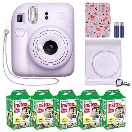 Fujifilm Instax Mini 12 Instant Camera Lilac Purple + MiniMate Accessory Bundle & Compatible Custom Case + Fuji Instax Film Value Pack (50 Sheets) Flamingo Designer Photo Album