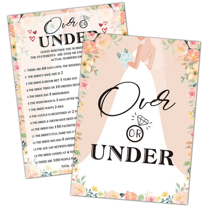 Bridal Shower Games, Over Or Under Wedding Shower Game Card, Blush Pink Boho Floral Romantic Engagement/Bachelorette Party Ideas Activities Supplies Decorations(30 Cards) - A03