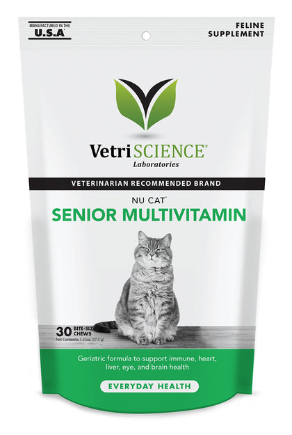 VetriScience Nu Cat Senior Multivitamin with Lysine for Cats - 30 Chews - Cat Supplements & Vitamins Designed to Support Heart, Eye and Brain Function, Immunity and Liver Health in Senior Cats