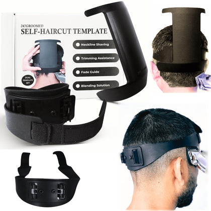 247 Groomed Self Haircut Kit for Men | Dual Template Set: Neckline Shaving Template & Fade Guide | Adjustable Size Silicone Headband |Mens Hair Cutting Kit | Hair Cutting Tools | Unique Gifts for Men